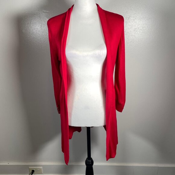 Premise Studio Red Shawl Neck Open Front 3/4 Sleeve Cardigan Sweater S - Picture 2 of 12